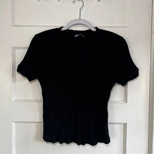 Zara Black Ribbed Women's Short Sleeve Crop Top